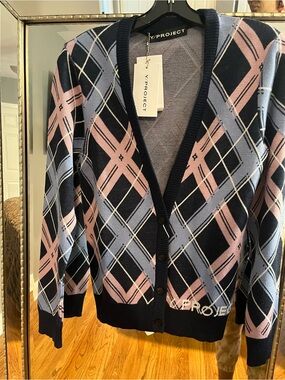 Y/Project Women's Navy Plaid Cardigan Sweater - Navy, Pink & Light Blue
